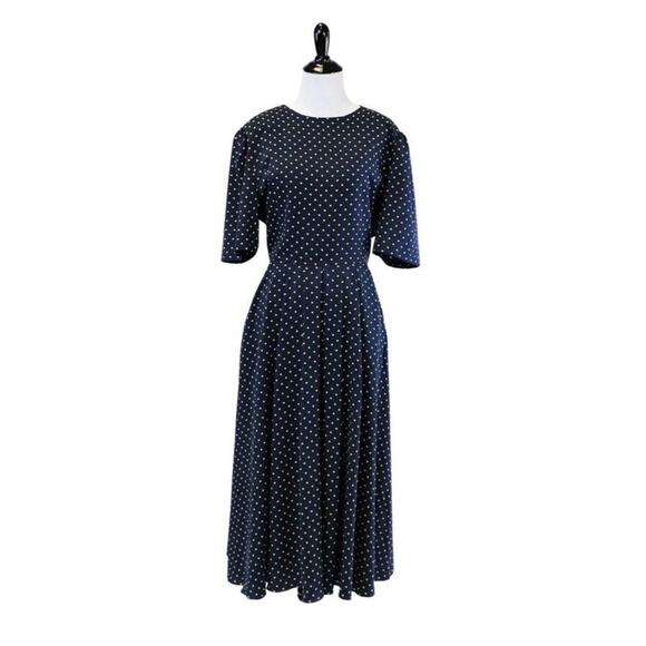Vintage Navy Dress with Yellow Polka Dots, Full Skirt and Pockets Medium - Picture 1 of 10